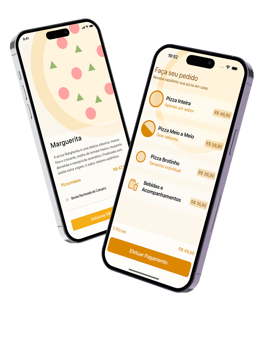 Imagem de dois iphones exibindo um aplicativo de pizzaria.